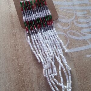 Handcrafted Beaded Fringe Earrings - White, Red, Green Christmas Season